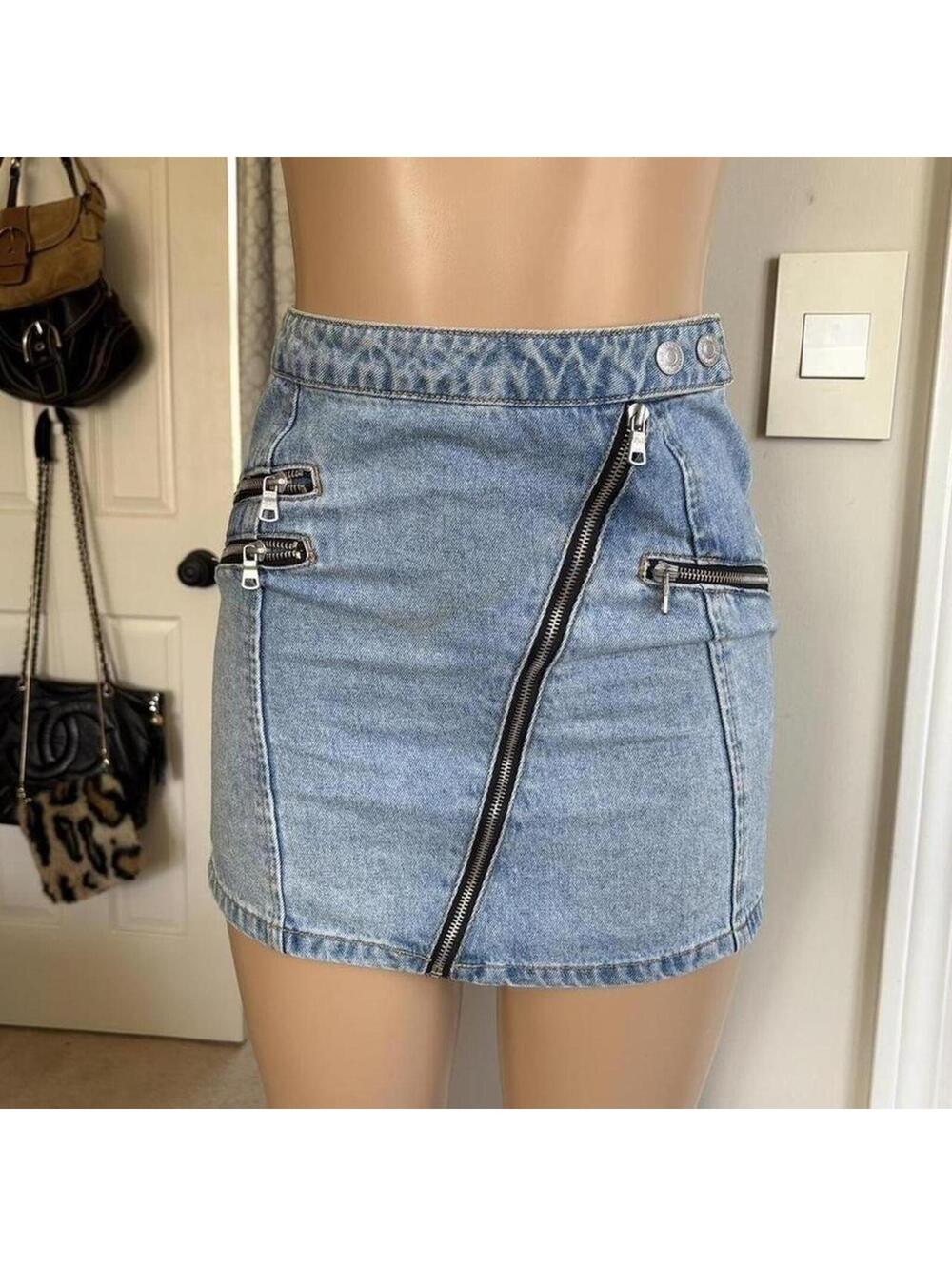 y2k 2000s denim mini‎ skirt asymmetrical zipper